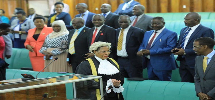 Speaker Anita Among arrives to chair the sitting that considered the bill. On her right is Attorney General, Kiryowa Kiwanuka